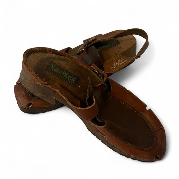 Vintage 70s wooden leather buckle clogs Maine Wood size 9 - Picture 3 of 4